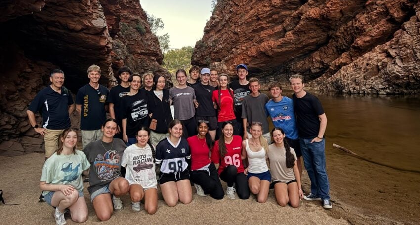 Rungutjirpa (Simpson’s Gap) was the first stop for the Coomera Anglican College April 2026 Year 11 Desert Retreat participants, including Archbishop Jeremy Greaves, Peter Materne (spouse of staff member, Natasha), Emilio, Harry, Natasha Materne (staff member), Naomi , Alicia, Isaac, Eden, Connor, Amy, Jadon, Loch, Logan, Dom Fay (staff member), Imogen Whitaker (staff member), Haylee Reid (staff member), Cordelia, Olivia, Erin, Gemma, Imogen and Helena